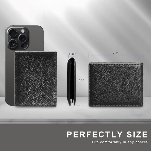 ⚡Travelambo Men Lychee Black Genuine Leather Handmade Bifold Stylish Wallets - Picture 4 of 9